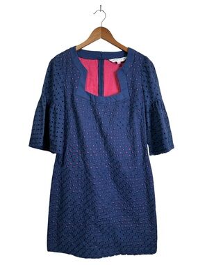 Trina Turk Women’s 6 Navy with Pink Underlay Eyelet Bell-Sleeve Shift Mini Dress